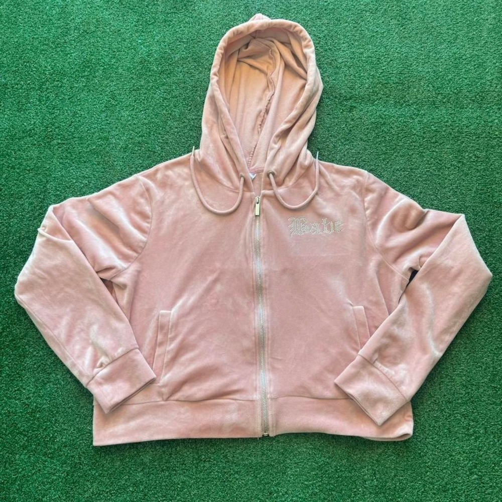Vintage Y2K Cute Pink Velour "Babe" Comfy Full Zip Hoodie Size XL